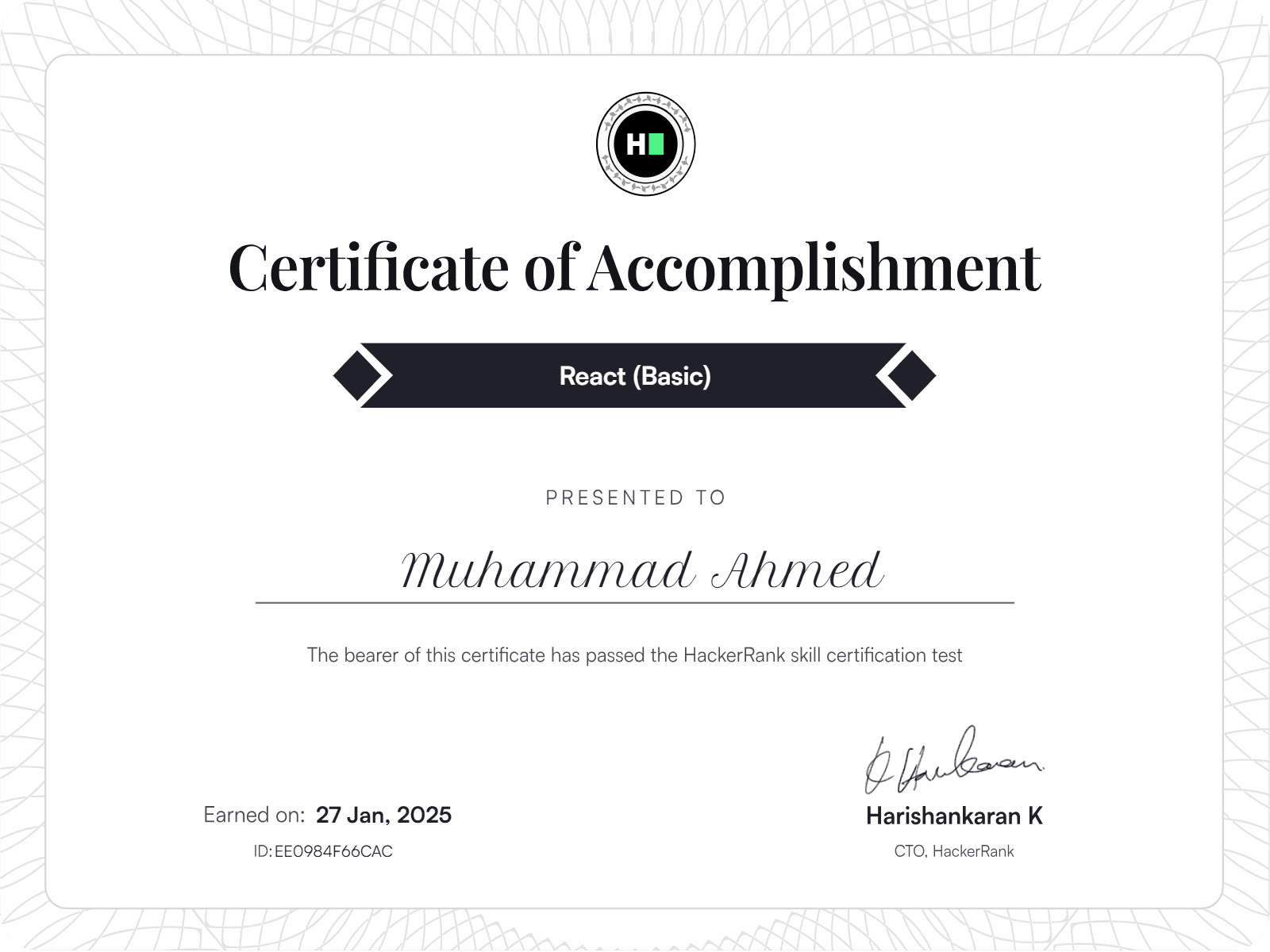 React JS (FrontEnd Development) Certificate